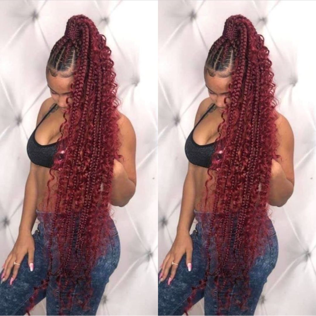 bohemian box braids long in burgundy