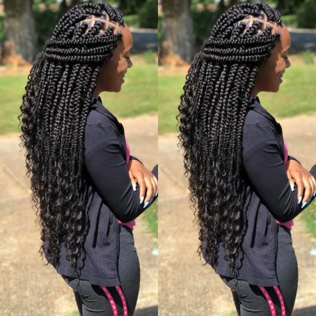 large bohemian box braids with curls 