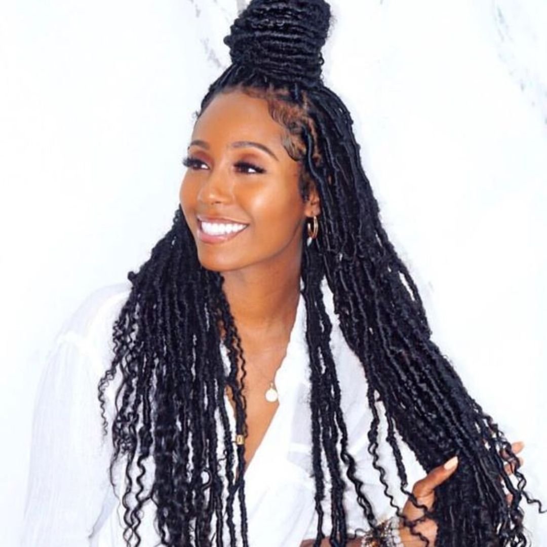 long faux locs with top knot