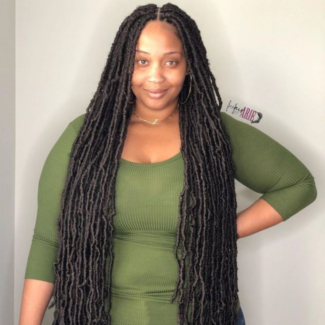 bohemian long faux locs on 4c hair