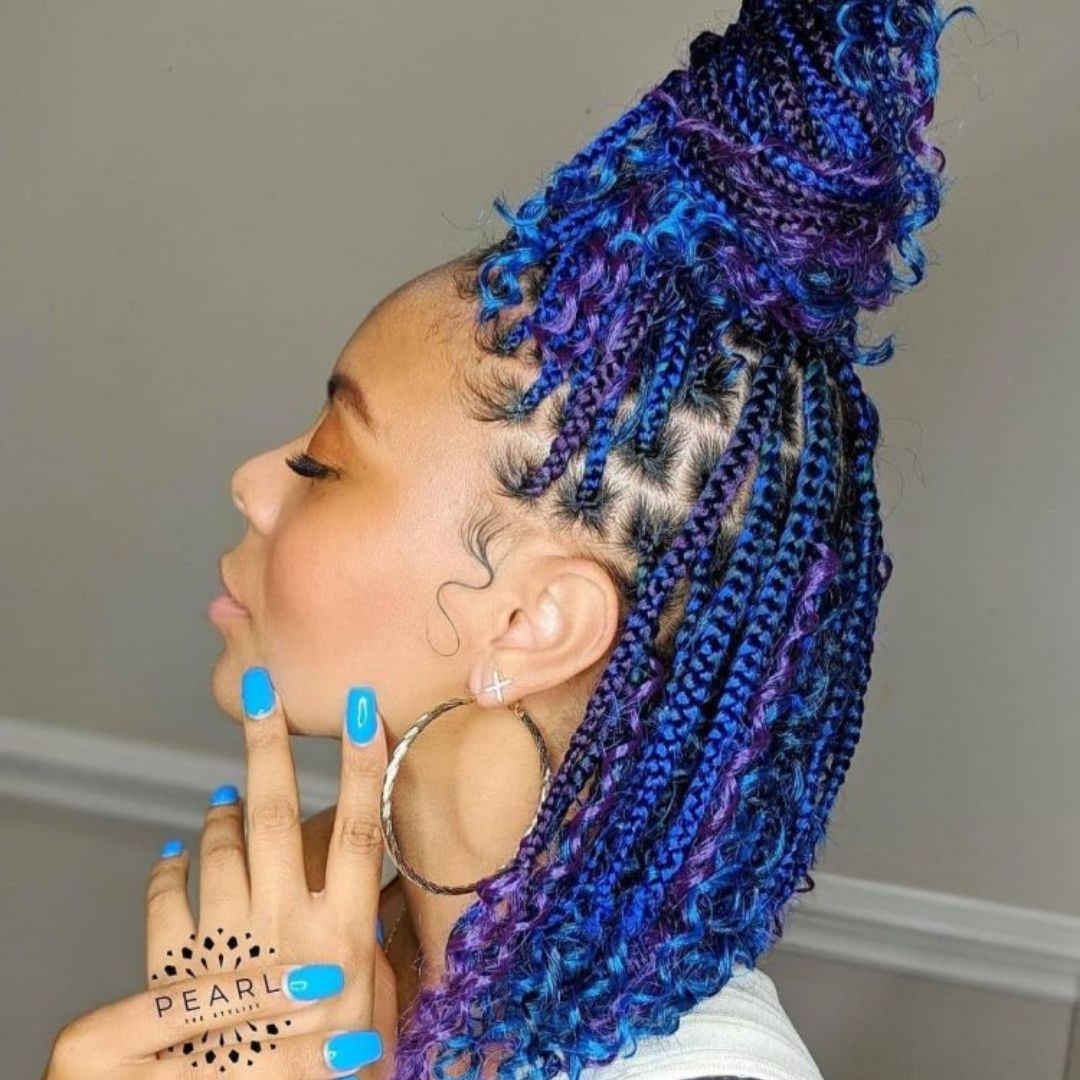 blue and purple shoulder length knotless box braids
