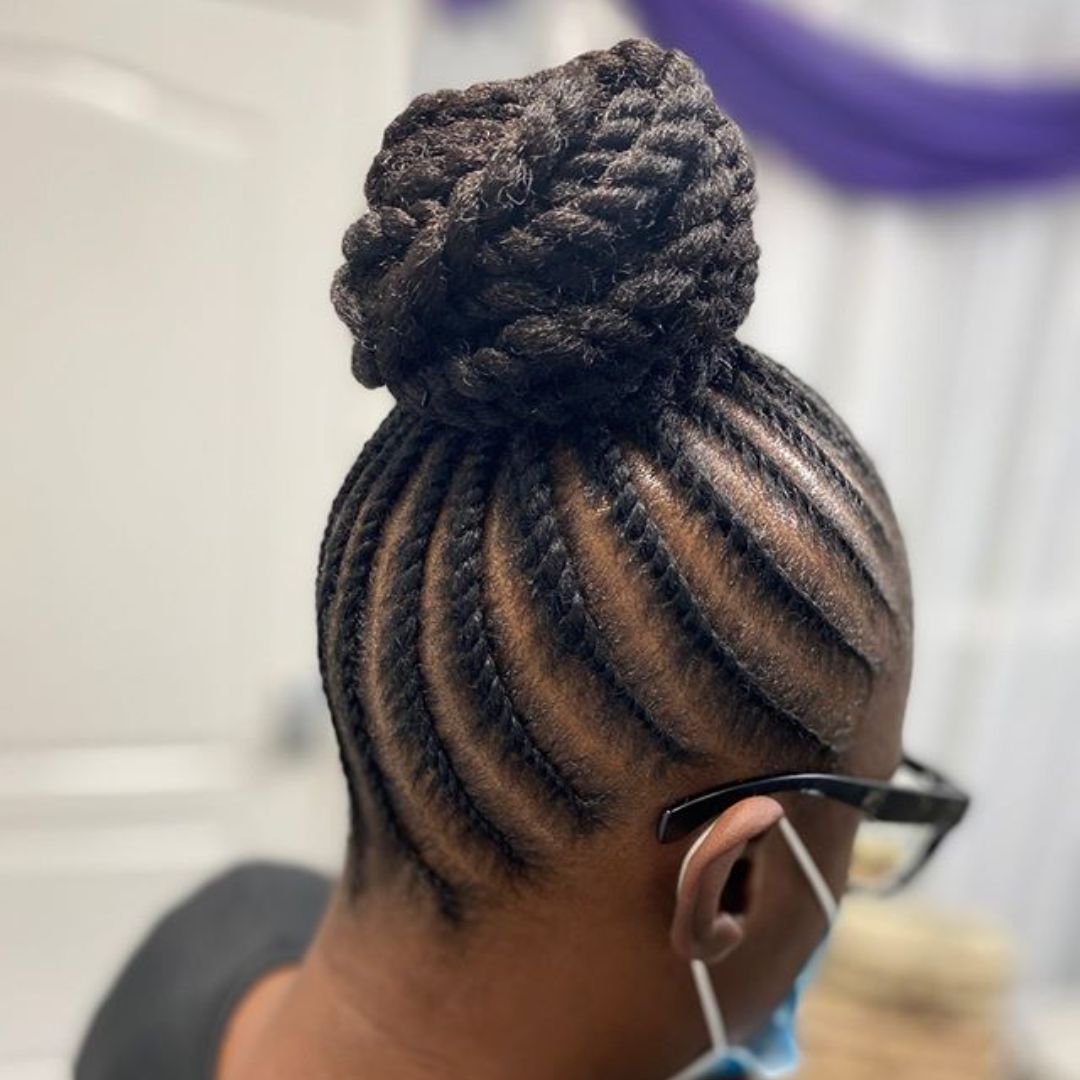flat twists updo with marley hair