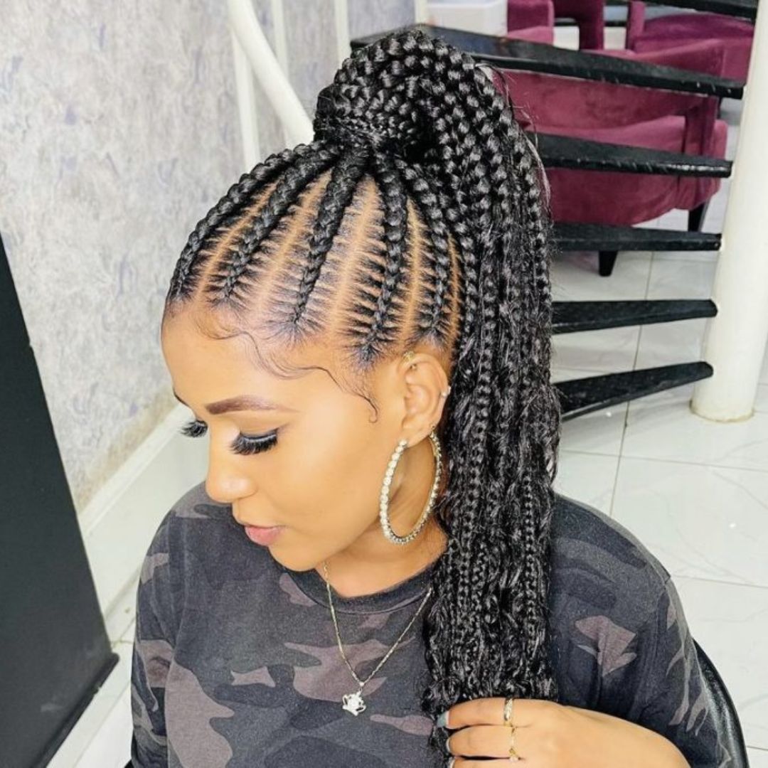 stitch braids in a ponytail with curly ends