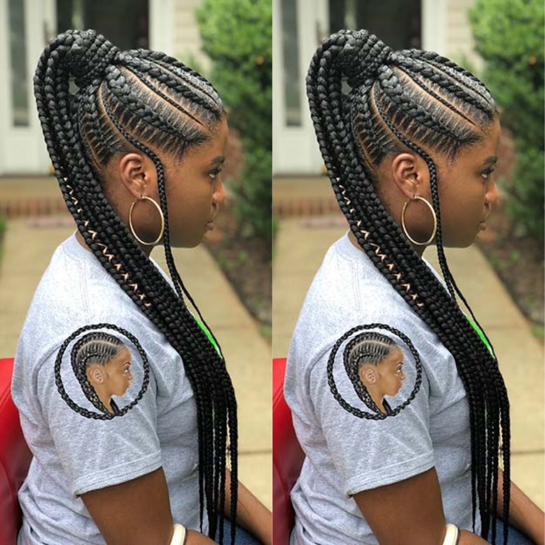 Fulani stitch braids in a ponytail