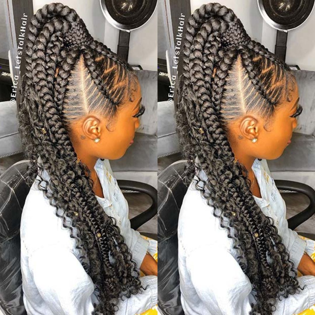 6 stitch braids in a ponytail with curly ends 