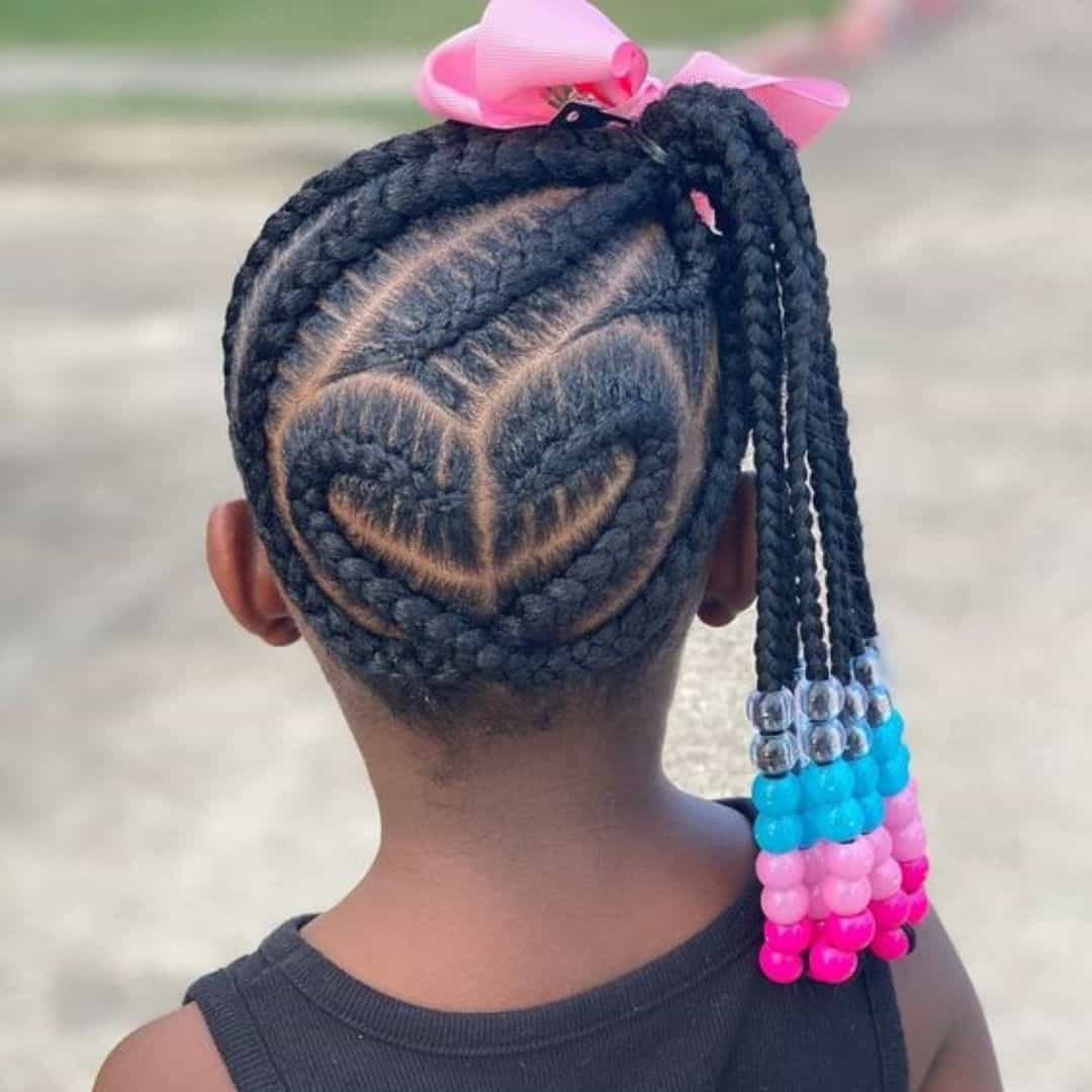 Heart-shaped cornrows with beads on kids