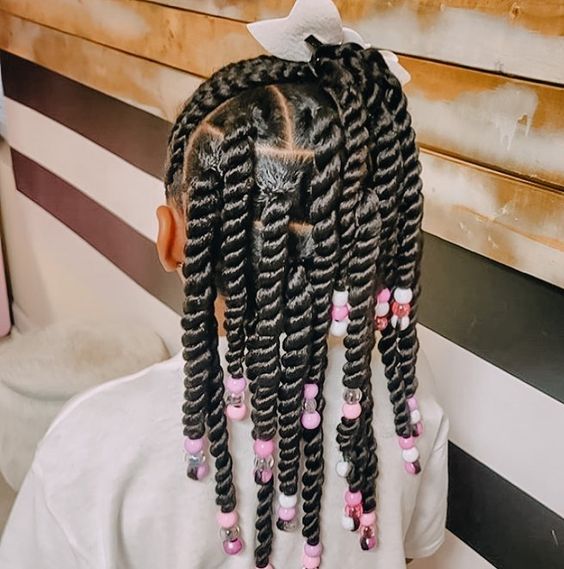 kids two strand twists with colourless, white and colourless beads