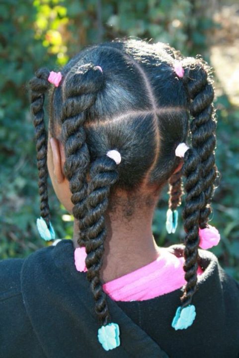 kids two strand twists with blue and pink bands