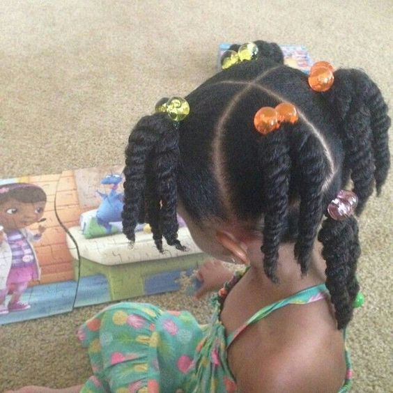 kids two strand twists with pink, orange and green beads