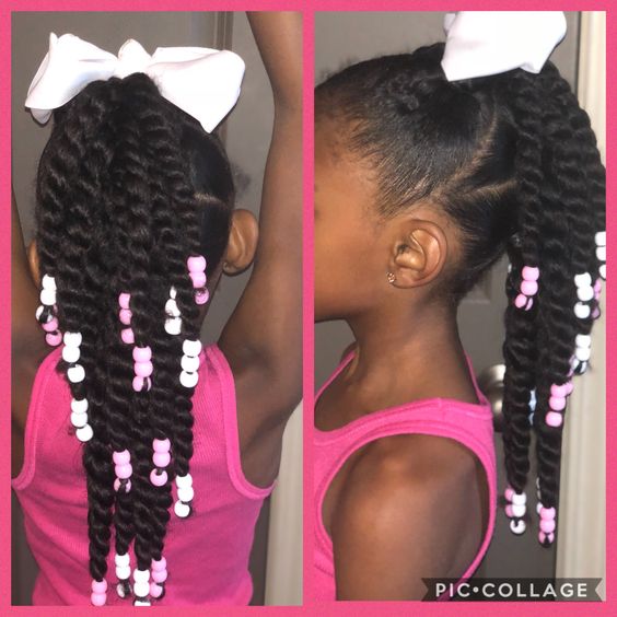 Kids Two Strand Twists with pink and white beads