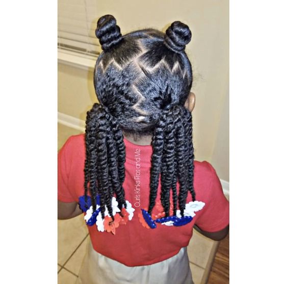 Kids Two Strand Twists with white, blue, and red beads