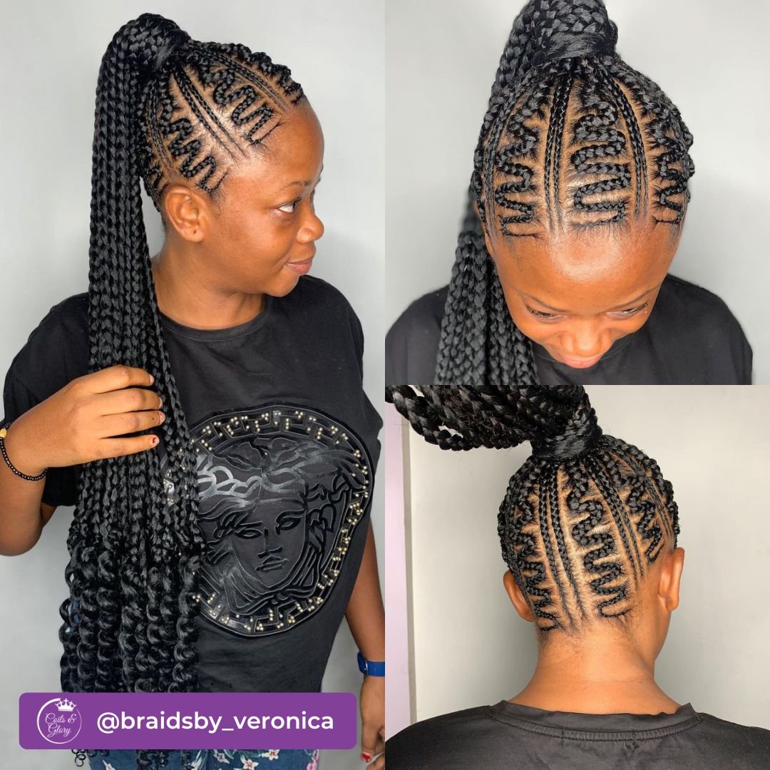 s-pattern ponytail cornrows hairstyle for black hair