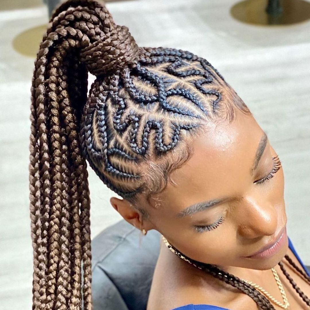 colored cross pattern ponytail cornrow