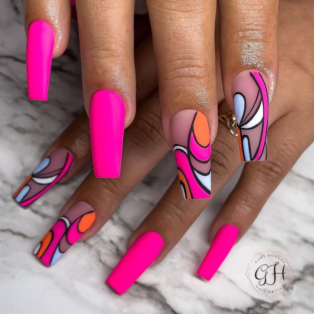geometric matte pink nails on black women