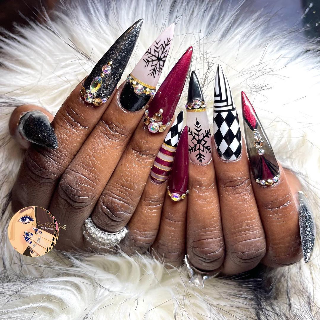 long stiletto winter theme nail art for black women