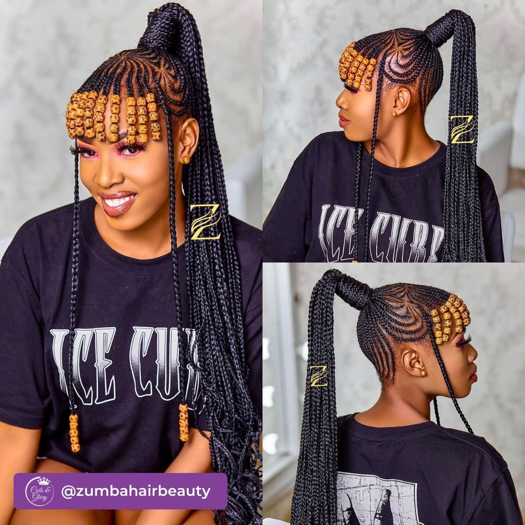 long ponytail braids with beaded bangs on black women