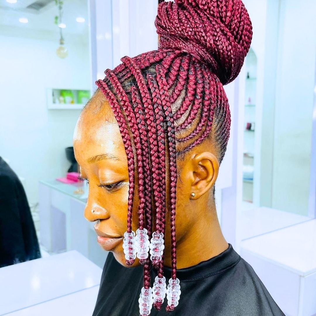 burgundy braids with side bangs for black ladies