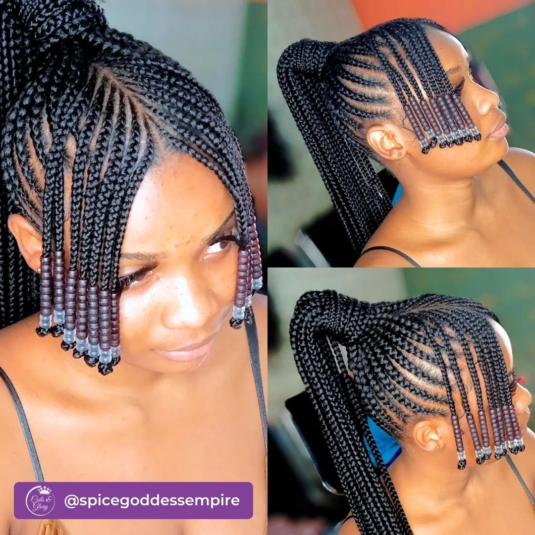 cornrows with side bangs and accessories on black women