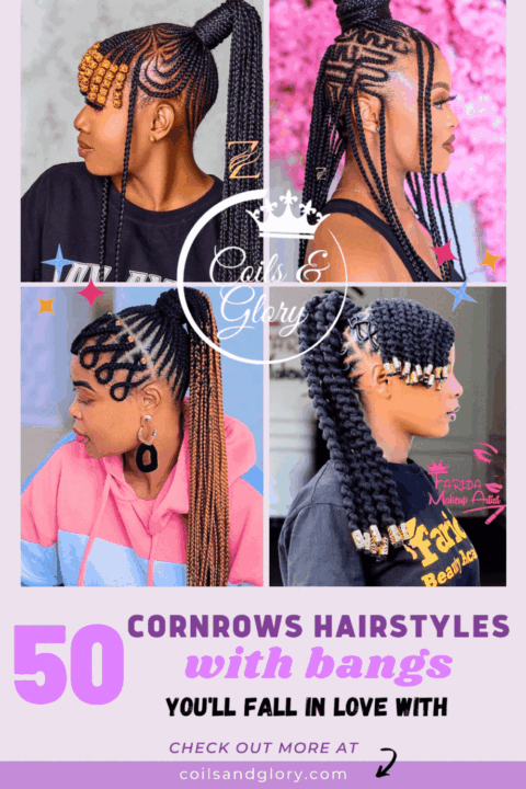 Try these lovely cornrows hairstyle with bangs on natural hair!