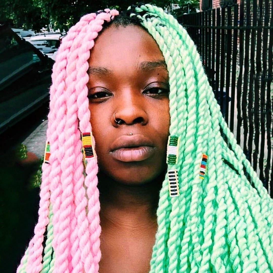 pink and mint yarn twists hairstyle