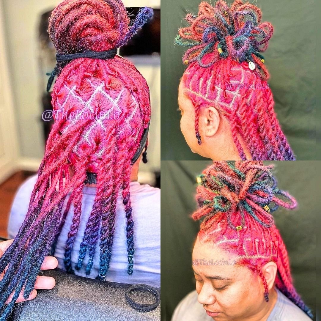 Pink dyed locs hairstyle