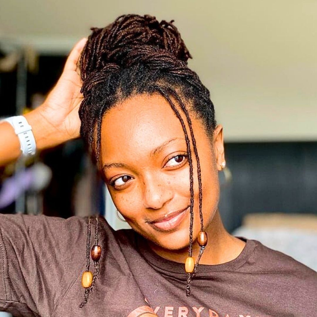 updo faux locs with beads