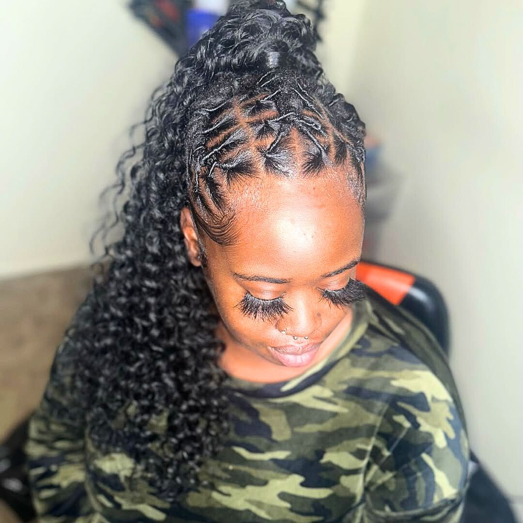 high ponytail with barrel twists