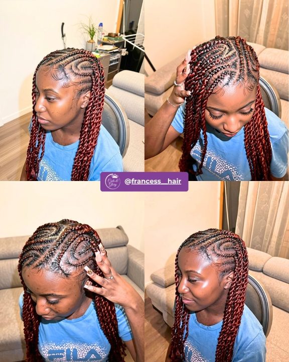 Auburn-colored feed-in rope twists braided into a side-swept lemonade hairstyle.
