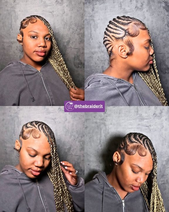 Side-swept lemonade island twists featuring a blonde ombre color transition.