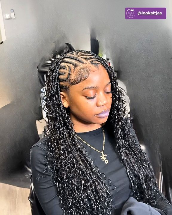 Boho feed-in lemonade braids featuring loose curls and styled swoop edges.