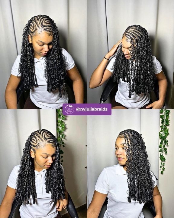 Feed-in lemonade braids with wave-patterned partings and boho curly accents.