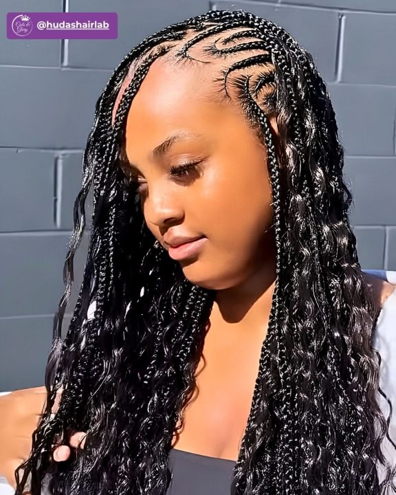 Boho Fulani feed-in braids featuring intricate curved wave stitch parting.