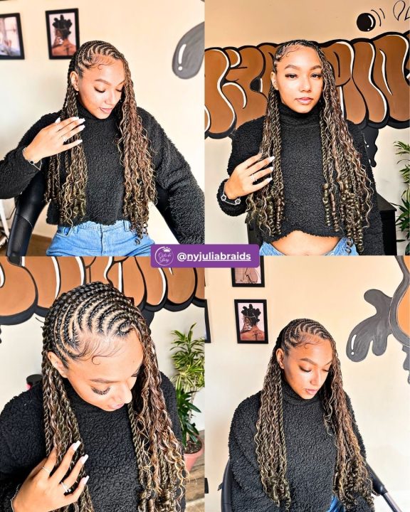 Boho-style side-swept passion twists braided in a lemonade pattern.