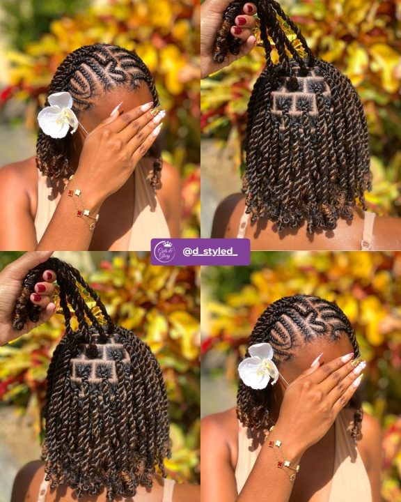 Short bob hairstyle featuring side-swept lemonade box braided twists.