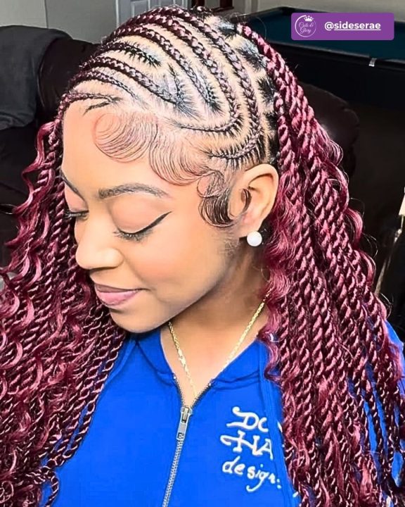 Burgundy goddess Senegalese twists in a side-swept lemonade style with swooped edges.