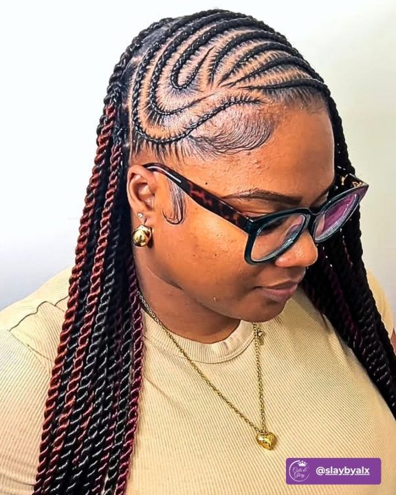 Side-swept lemonade island twists with rich burgundy highlights throughout.