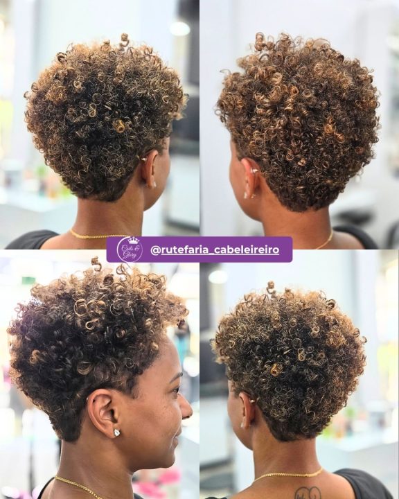 Chestnut brown curly pixie afro hairstyle with low temple fade for natural hair.