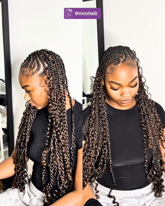 Chocolate brown goddess passion twists arranged in a side-swept lemonade style.