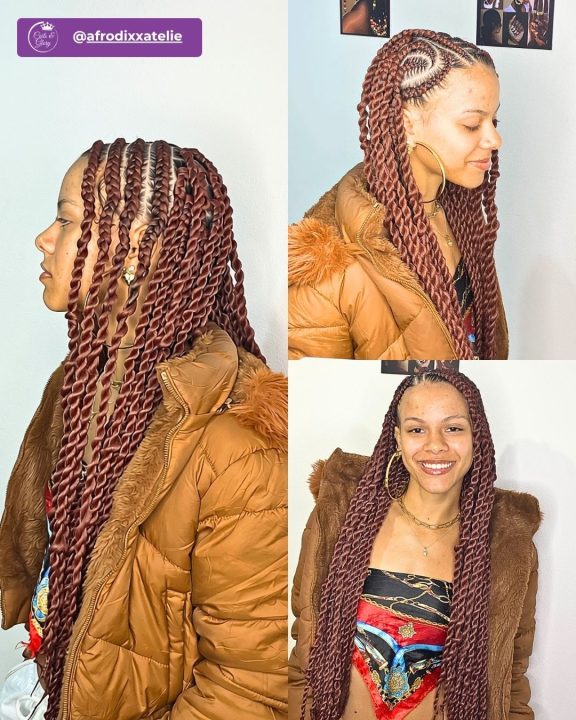 Copper brown feed-in rope twists styled in a lemonade pattern with swooped edges.