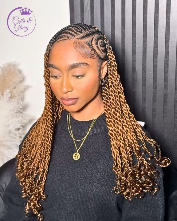 Copper Fulani-style twist braids featuring soft curly ends.