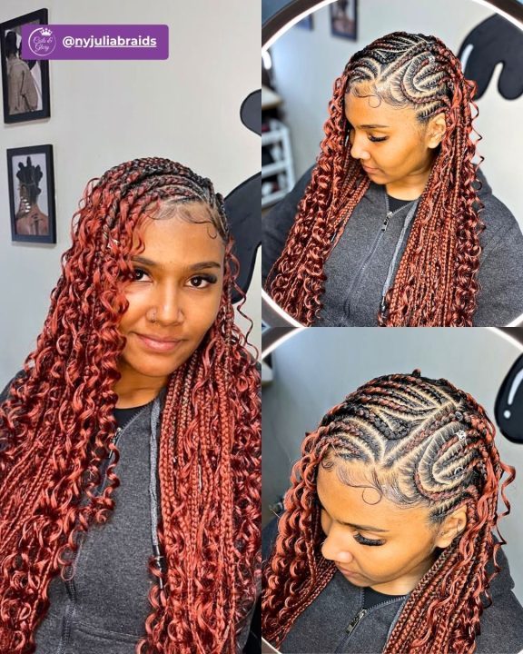 Copper red goddess lemonade braids finished with defined coil ends.