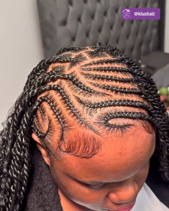 Side-swept lemonade twists featuring curved stitch partings and laid edges.