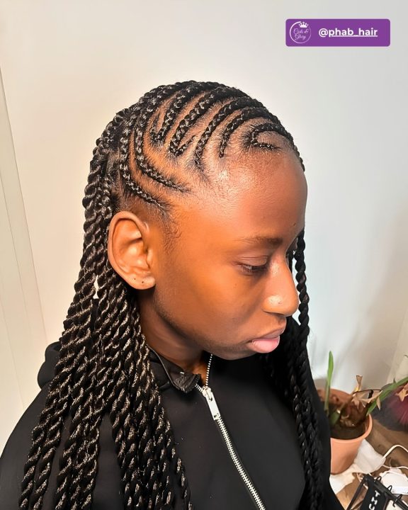 Fulani-inspired lemonade twists styled with detailed wave stitch pattern partings.