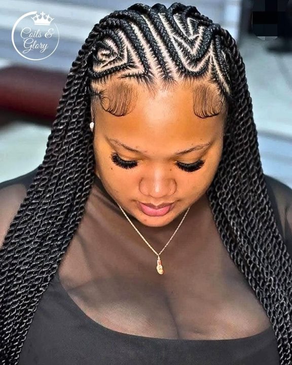 Side-swept lemonade rope twists featuring geometric heart and wave hair parting design.