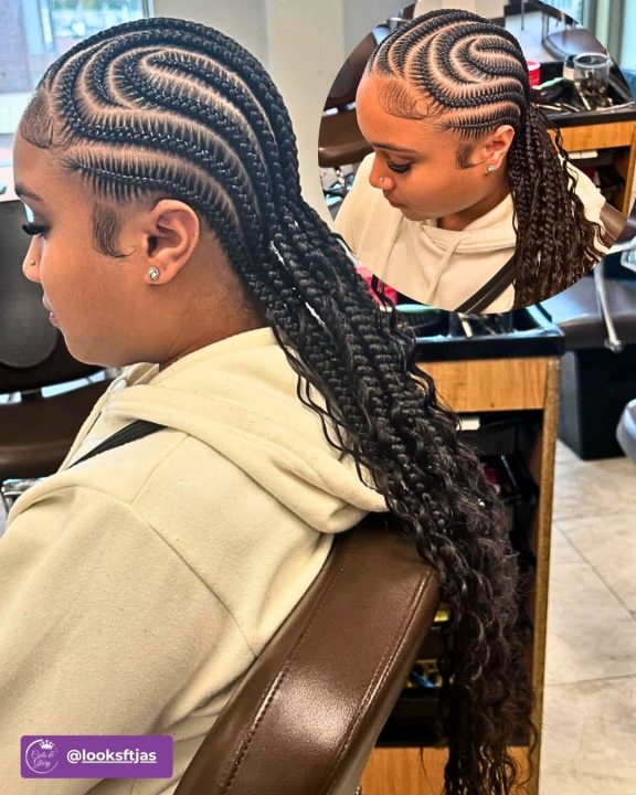 Goddess-style lemonade braids accented with soft, loose curls.