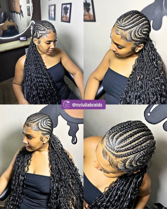 Side-swept goddess passion twists braided in a lemonade style.