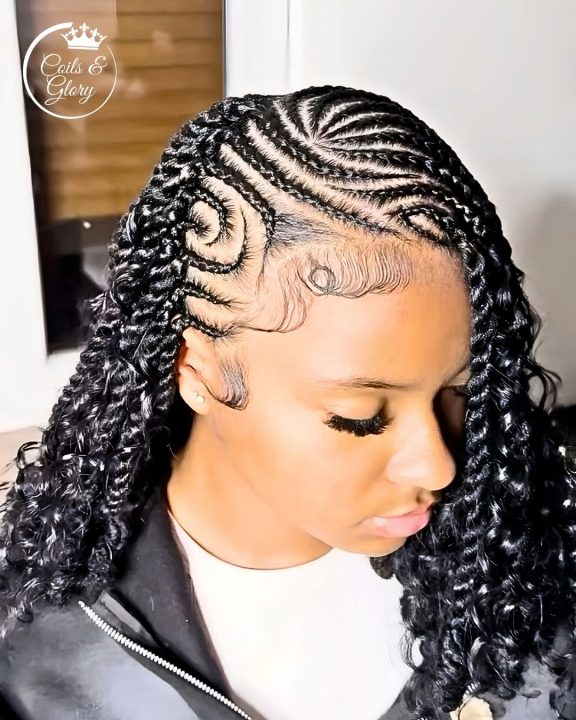 Goddess lemonade passion twists featuring an intricate swirl parting design.