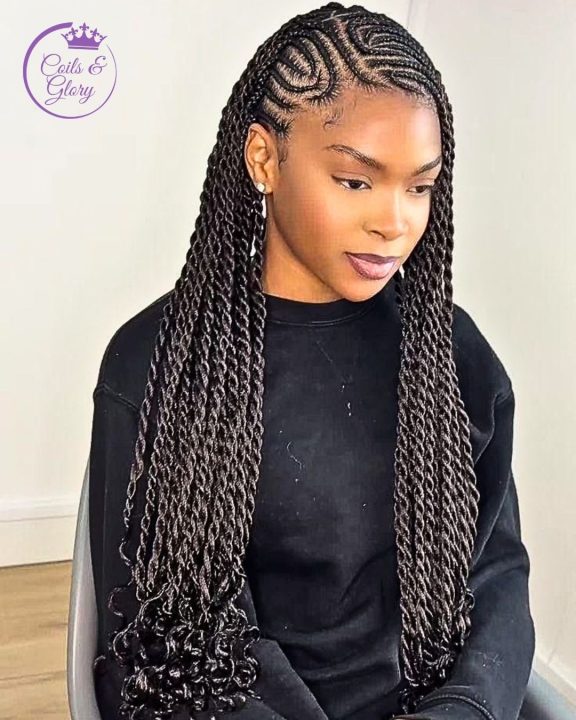 Goddess Senegalese twists in a side-swept lemonade pattern with loose curly ends.