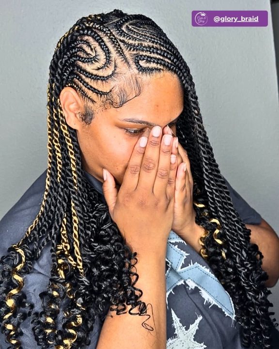 Side-swept goddess lemonade twists featuring bright blonde highlights.