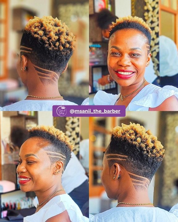 Amber blonde spiky mini frohawk women's haircut with parallel side lines design.